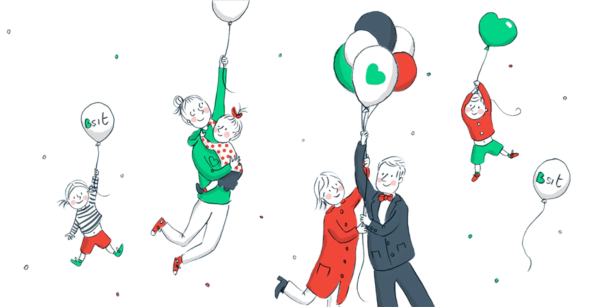 Drawing of a family and a babysitter holding balloons